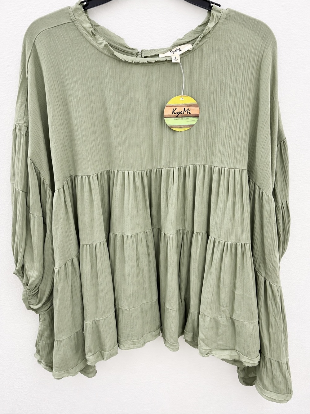 KyeMi Olive Tiered Peasant Tunic Top